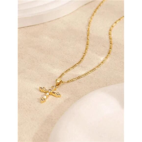 14K Gold Plated  Cross Pendant Necklace Dainty Gold - Picture 7 of 13